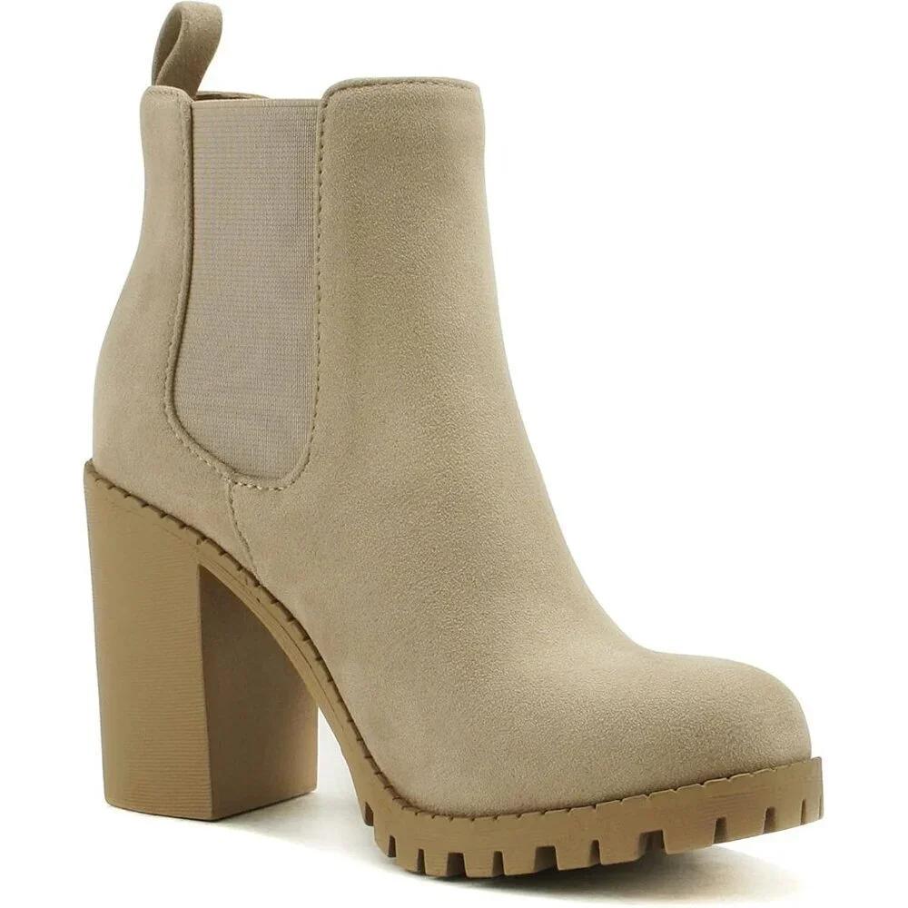 Women's  L-wheat Lug Sole Ankle Boot Elastic Gore Chunky Heel Bootie